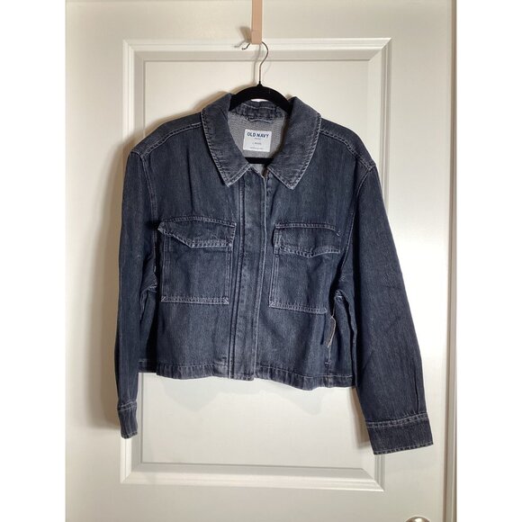 Old Navy Womens L Petite Blue Denim Jacket With Snap & Zipper Closures NWT fit - Picture 1 of 7